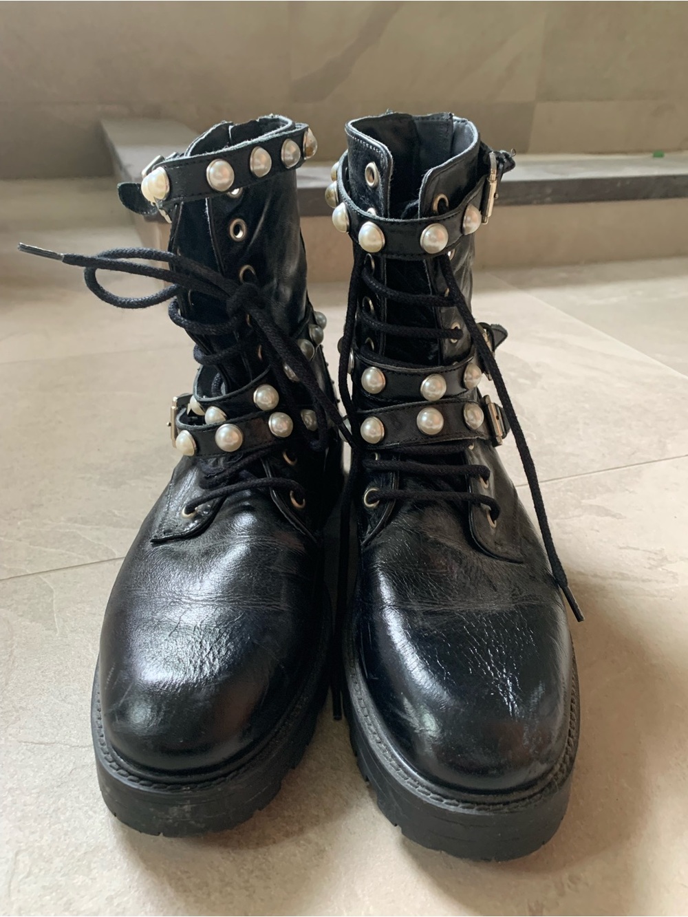 Zara Black Pearl-Stud Lace-Up Combat Boots